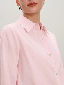 SHEIN PETITE CURVE 大尺碼女款純色長袖單排扣休閒基本款簡約襯衫，適合秋季辦公室、早午餐、正式工作場合，粉紅色 - 粉色 - 查看 3