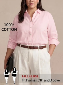 SHEIN PETITE CURVE 大尺碼女款純色長袖單排扣休閒基本款簡約襯衫，適合秋季辦公室、早午餐、正式工作場合，粉紅色 - 粉色 - 查看 10