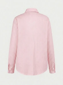 SHEIN PETITE CURVE 大尺碼女款純色長袖單排扣休閒基本款簡約襯衫，適合秋季辦公室、早午餐、正式工作場合，粉紅色 - 粉色 - 查看 9