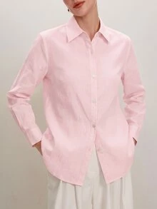 SHEIN PETITE CURVE 大尺碼女款純色長袖單排扣休閒基本款簡約襯衫，適合秋季辦公室、早午餐、正式工作場合，粉紅色 - 粉色 - 查看 4