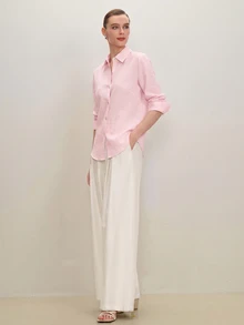 SHEIN PETITE CURVE 大尺碼女款純色長袖單排扣休閒基本款簡約襯衫，適合秋季辦公室、早午餐、正式工作場合，粉紅色 - 粉色 - 查看 5