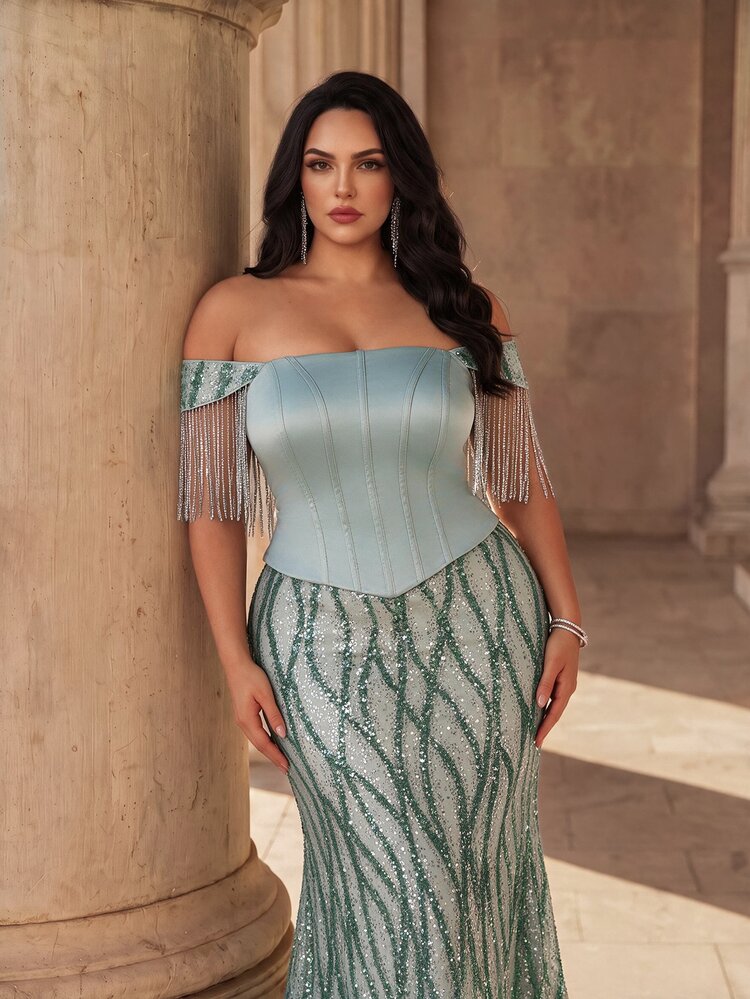 Coutiva Plus Size Women's Off Shoulder Beaded Front Panel Tassel Formal Evening Gown (Heavy Workmanship Style) - Green - View 3