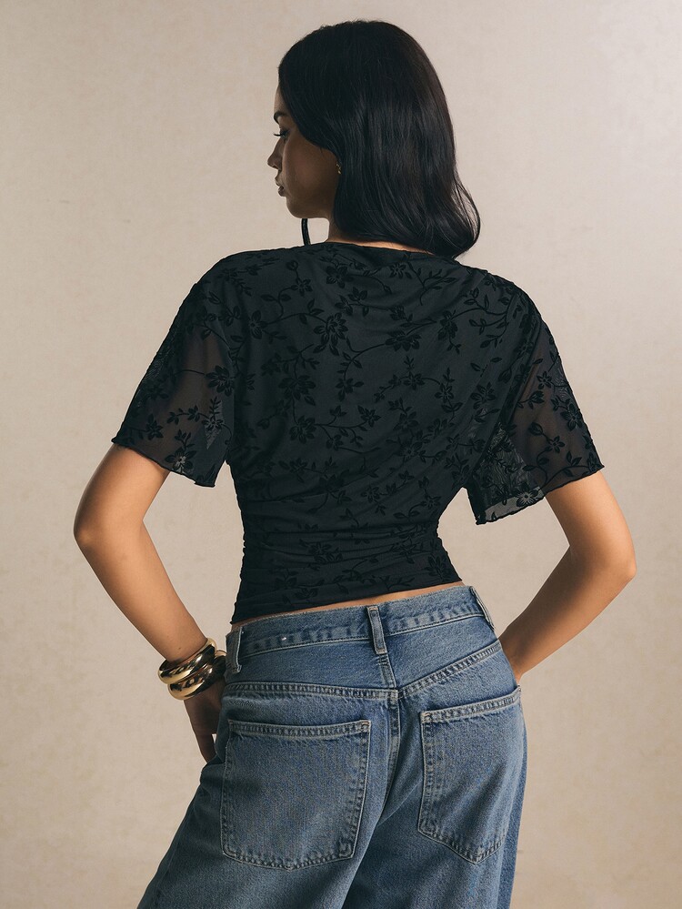 Poéselle Women's Floral Mesh Ruched Sheer T-Shirt For Women – Elegant Short Sleeve Slim Fit See Through Top Summer Top Fall Going Out Tops Y2k Country Concert - Black - View 3