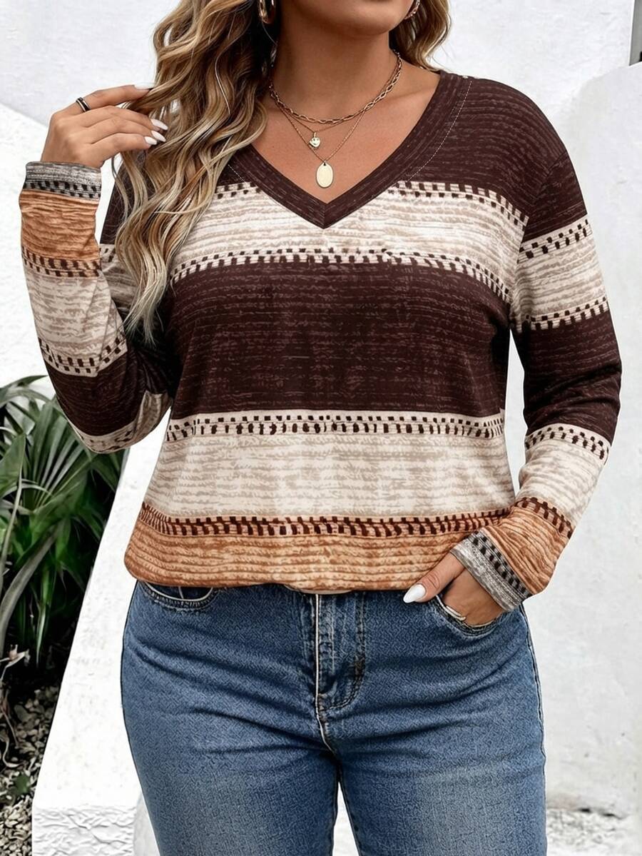 EMERY ROSE Women's Plus Size V-Neck Long Sleeve T-Shirt, Multi-Color Contrast Striped Print, Casual Versatile Top For Summer Outings, Daily Wear And Vacation - Multicolor - View 1