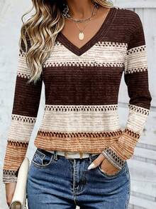 EMERY ROSE Women's Plus Size V-Neck Long Sleeve T-Shirt, Multi-Color Contrast Striped Print, Casual Versatile Top For Summer Outings, Daily Wear And Vacation - Multicolor - View 3
