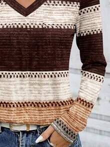 EMERY ROSE Women's Plus Size V-Neck Long Sleeve T-Shirt, Multi-Color Contrast Striped Print, Casual Versatile Top For Summer Outings, Daily Wear And Vacation - Multicolor - View 4