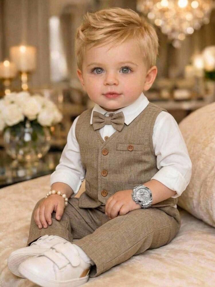 SHEIN Baby Boy Contrast Color Bow Long Sleeve Shirt, Sleeveless Vest, Elastic Waist Long Pants 3 Pieces Set, Versatile And Comfortable, Suitable For Birthday Party, Baptism, 1st Birthday Celebration, Evening Party, Performance, Wedding, Baby Party And Other Occasions - Multicolor - View 1