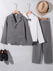 SHEIN 3件組兒童青少年男孩春夏秋冬款學院風可愛休閒灰色百搭西裝外套襯衫休閒長褲西裝褲紳士套裝，適合生日派對、正式場合、晚會、表演、婚禮 - 灰色 - 查看 2