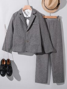 SHEIN 3件組兒童青少年男孩春夏秋冬款學院風可愛休閒灰色百搭西裝外套襯衫休閒長褲西裝褲紳士套裝，適合生日派對、正式場合、晚會、表演、婚禮 - 灰色 - 查看 4