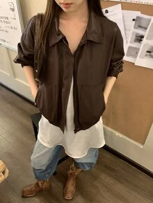 DAZY 女款深棕色純色寬鬆翻領長袖休閒街頭風 PU 皮夾克，適合秋季校園與日常穿搭 - 棕色 - 查看 8