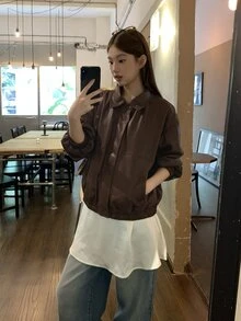 DAZY 女款深棕色純色寬鬆翻領長袖休閒街頭風 PU 皮夾克，適合秋季校園與日常穿搭 - 棕色 - 查看 7