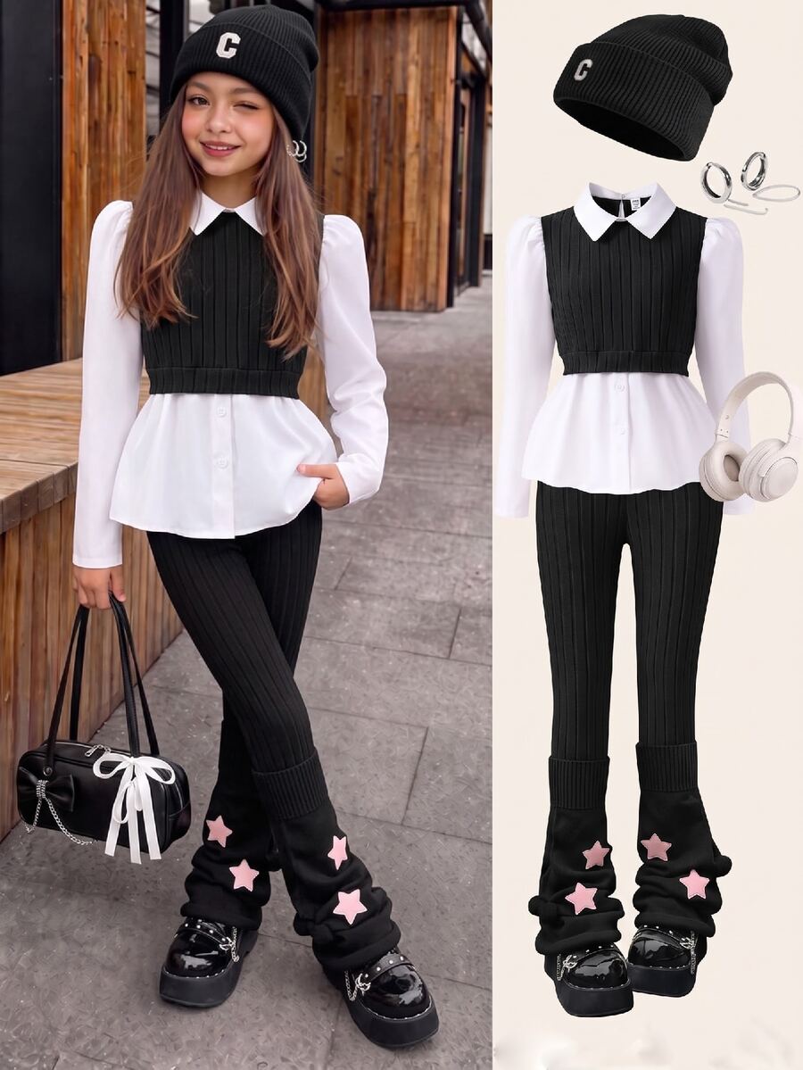 青少年女孩秋季套裝上衣 T-shirt 套裝,假日穿搭,休閒舒適日常可愛款 - 黑色 - 查看 1