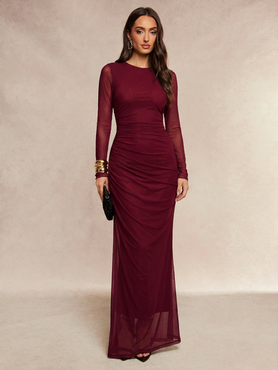 Silquee A Burgundy Long-Sleeved Mesh Dress Featuring A Round Neck And A Waist-Defining Cut, Accented With Ruffles That Exude Feminine Charm. Elegant And Versa
