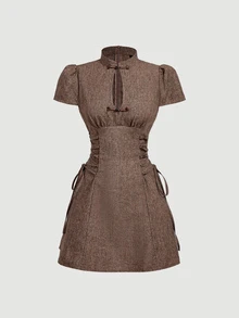 SHEIN MOD New Chinese Style Cutout Frog Button Brown Short Dress - Brown - View 4