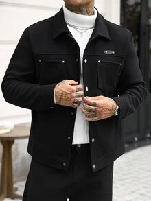 Manfinity CasualCool 男士純色休閒長袖大衣，適合秋冬穿著 - 黑色 - 查看 6