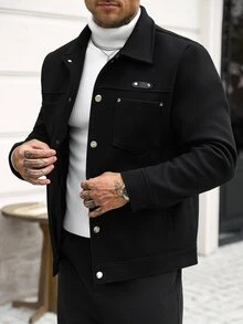 Manfinity CasualCool 男士純色休閒長袖大衣，適合秋冬穿著 - 黑色 - 查看 7