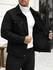 Manfinity CasualCool 男士純色休閒長袖大衣，適合秋冬穿著 - 黑色 - 查看 4