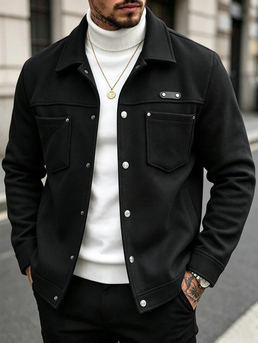 Manfinity CasualCool Men Solid Color Casual Long Sleeve Overcoat, Suitable For Autumn And Winter - Black - View 1