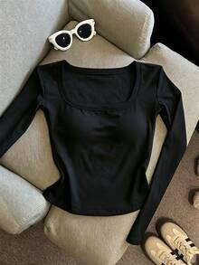 Resyla Kaos Wanita Lengan Panjang Kerah Persegi Minimalis Kasual Warna Polos - Hitam - View 3