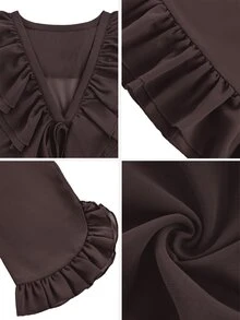 SHEIN Solid Ruffle Trim V-Neck Tie Front Sheer Chiffon Blouse With Flare Sleeves - Brown - View 7