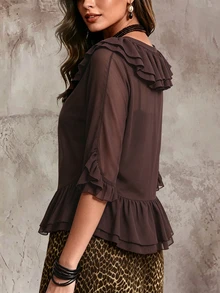 SHEIN Solid Ruffle Trim V-Neck Tie Front Sheer Chiffon Blouse With Flare Sleeves - Brown - View 2