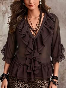 SHEIN Solid Ruffle Trim V-Neck Tie Front Sheer Chiffon Blouse With Flare Sleeves - Brown - View 5