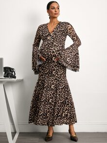 MaterniWear Đầm bầu thời trang dự tiệc họa tiết da báo tay loe hai lớp, phù hợp đi làm văn phòng và đi lại hàng ngày cho bà bầu - Cà phê nâu - Xem 4