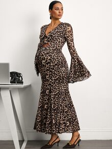 MaterniWear Đầm bầu thời trang dự tiệc họa tiết da báo tay loe hai lớp, phù hợp đi làm văn phòng và đi lại hàng ngày cho bà bầu - Cà phê nâu - Xem 9