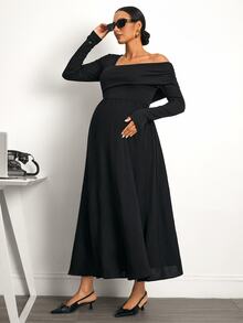 MaterniWear Office Work And Commuting For Pregnant Women,Elegant Solid Color Asymmetrical Neckline Maternity Dress,One-Shoulder - Black - View 4