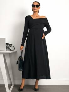 MaterniWear Office Work And Commuting For Pregnant Women,Elegant Solid Color Asymmetrical Neckline Maternity Dress,One-Shoulder - Black - View 6
