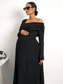 MaterniWear Office Work And Commuting For Pregnant Women,Elegant Solid Color Asymmetrical Neckline Maternity Dress,One-Shoulder - Black - View 8