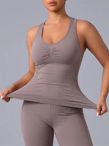 SHEIN Rhythm Era 大码女式休闲褶皱运动背心 - 咖啡棕 - 查看 4