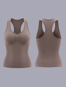SHEIN Rhythm Era 大码女式休闲褶皱运动背心 - 咖啡棕 - 查看 5