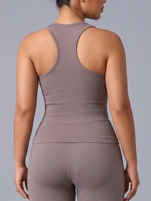SHEIN Rhythm Era 大码女式休闲褶皱运动背心 - 咖啡棕 - 查看 2