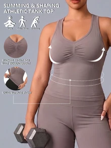 SHEIN Rhythm Era 大码女式休闲褶皱运动背心 - 咖啡棕 - 查看 3