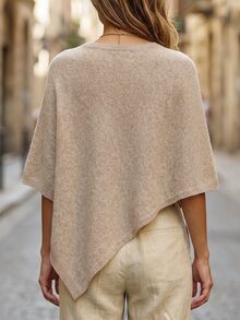 SHEIN New Spring Fall Vintage Asymmetric Knit Poncho Women Round Neck Cape Vacation Layering Cover Up - Khaki - View 2