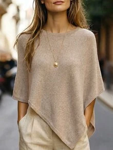 SHEIN New Spring Fall Vintage Asymmetric Knit Poncho Women Round Neck Cape Vacation Layering Cover Up - Khaki - View 4
