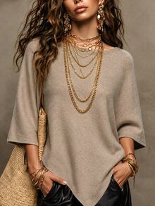 SHEIN New Spring Fall Vintage Asymmetric Knit Poncho Women Round Neck Cape Vacation Layering Cover Up - Khaki - View 3