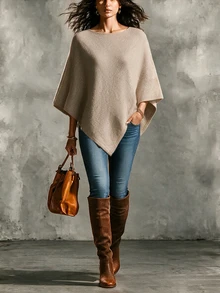 SHEIN New Spring Fall Vintage Asymmetric Knit Poncho Women Round Neck Cape Vacation Layering Cover Up - Khaki - View 1