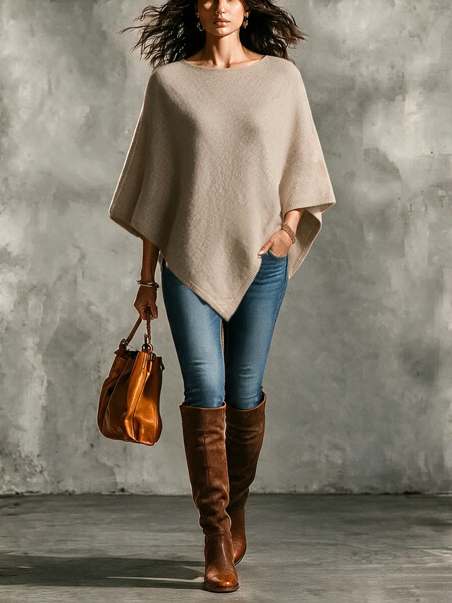 SHEIN New Spring Fall Vintage Asymmetric Knit Poncho Women Round Neck Cape Vacation Layering Cover Up - Khaki - View 1