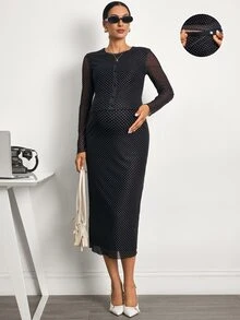 SHEIN Setelan Hamil 2 Potong: Atasan Lengan Panjang Motif Polkadot dan Rok dengan Pinggang yang Dapat Diatur - Hitam - View 1