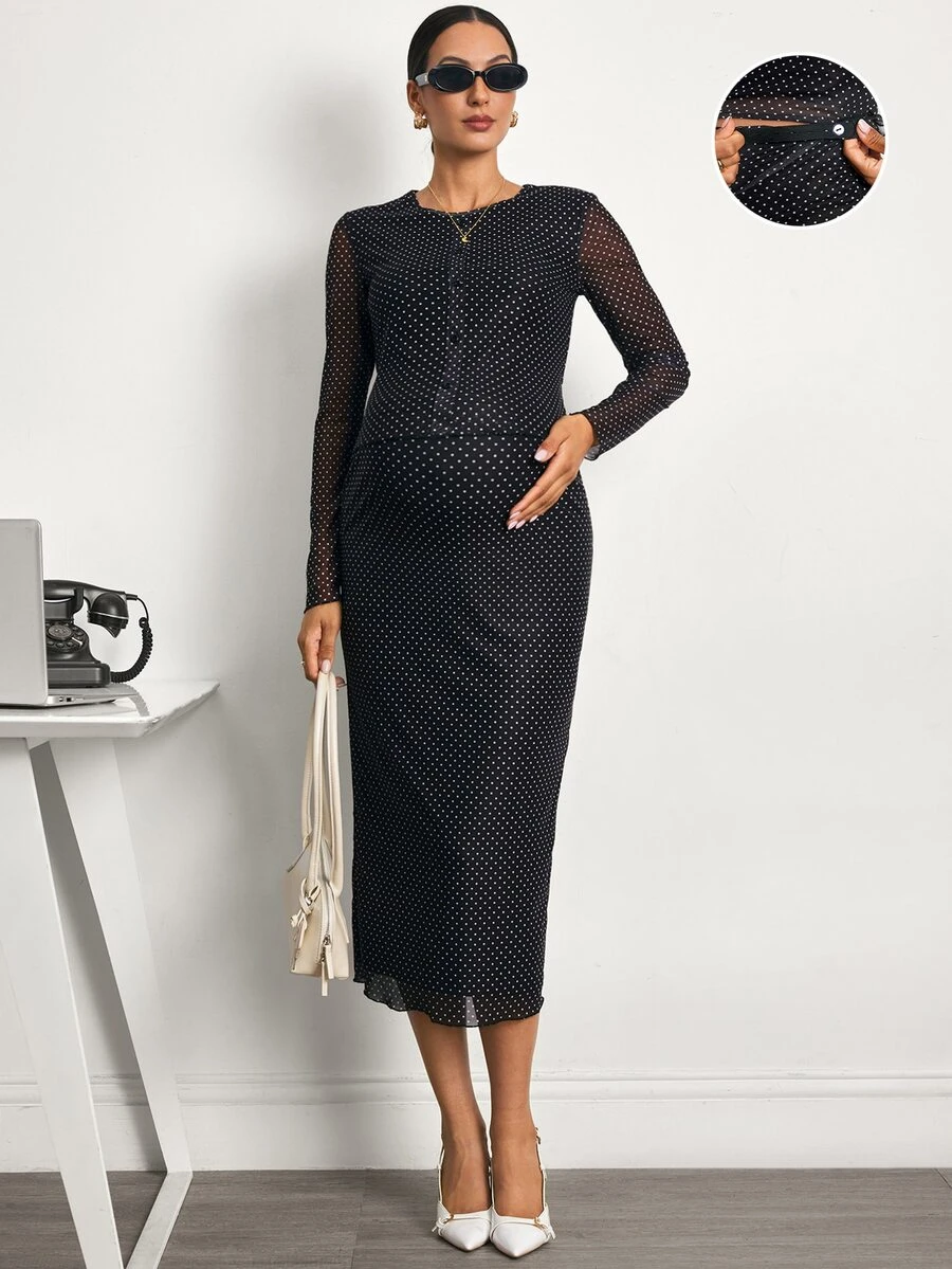 SHEIN Setelan Hamil 2 Potong: Atasan Lengan Panjang Motif Polkadot dan Rok dengan Pinggang yang Dapat Diatur - Hitam - View 1