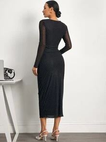 SHEIN Setelan Hamil 2 Potong: Atasan Lengan Panjang Motif Polkadot dan Rok dengan Pinggang yang Dapat Diatur - Hitam - View 2