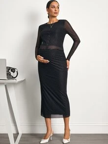SHEIN Setelan Hamil 2 Potong: Atasan Lengan Panjang Motif Polkadot dan Rok dengan Pinggang yang Dapat Diatur - Hitam - View 5
