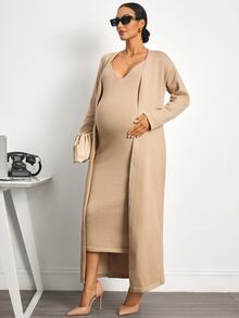 MaterniWear Set Gaun Rajut dan Kardigan Warna Polos untuk Ibu Hamil - Khaki - View 6