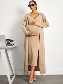 MaterniWear Set Gaun Rajut dan Kardigan Warna Polos untuk Ibu Hamil - Khaki - View 5