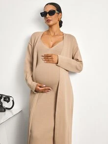 MaterniWear Set Gaun Rajut dan Kardigan Warna Polos untuk Ibu Hamil - Khaki - View 7