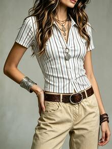 Glimmora Women's Summer Casual Striped Short Sleeve Top - Multicolor - View 7