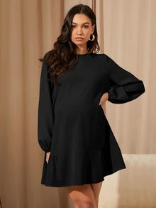 MaterniWear 女士休闲宽松长袖卡其色连衣裙，秋冬季短裙，办公室/工作/返校/教师装，孕妇装 - 黑色 - 查看 5