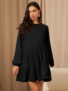MaterniWear 女士休闲宽松长袖卡其色连衣裙，秋冬季短裙，办公室/工作/返校/教师装，孕妇装 - 黑色 - 查看 4